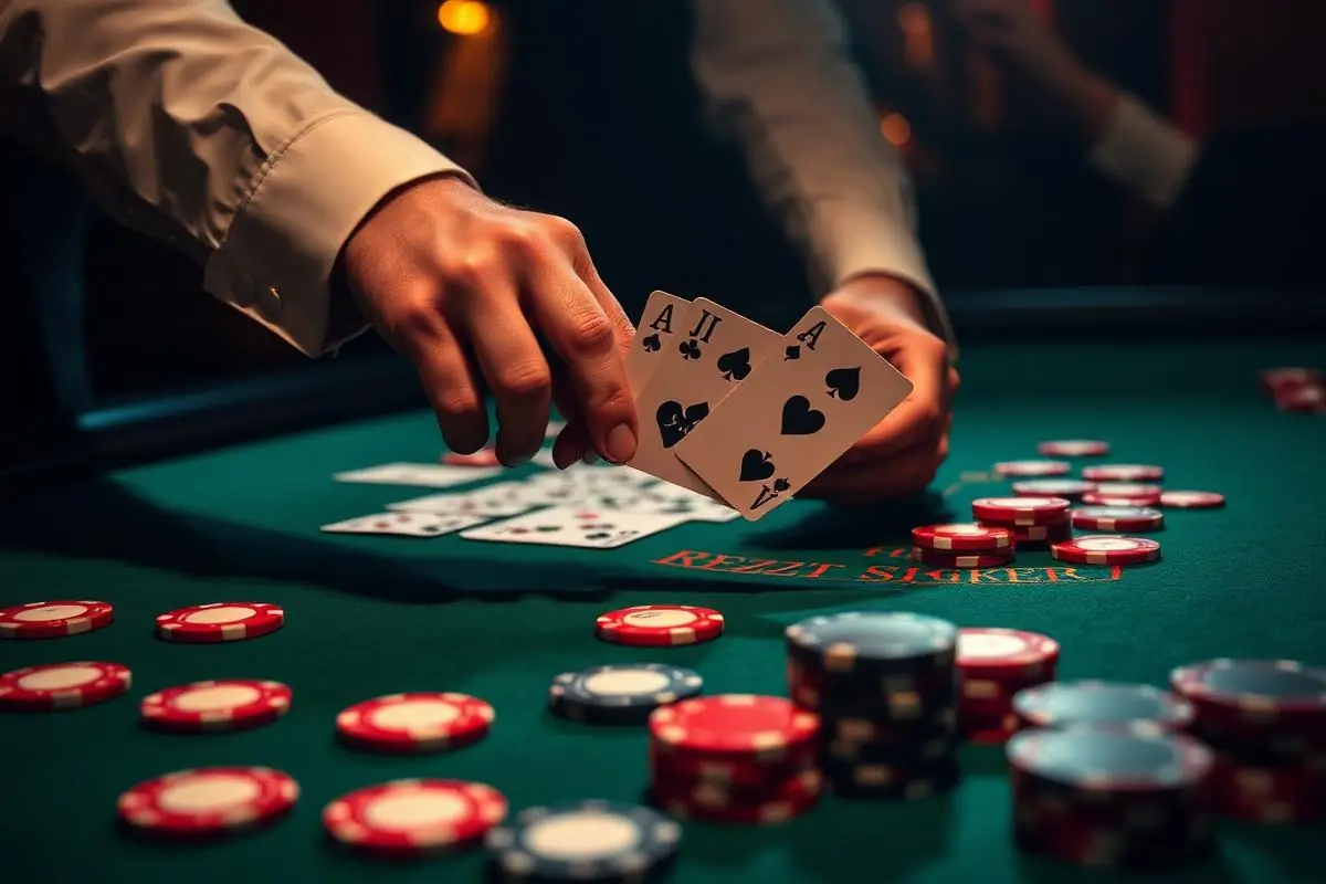 Live dealer dealing cards at a card table for Teen Patti and Casino Hold'em