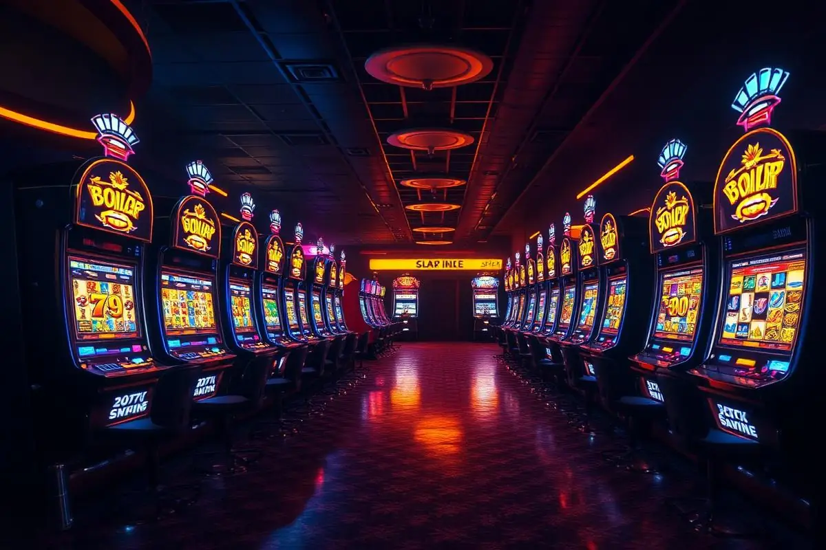 Neon-lit casino slot machine floor with jackpot lights